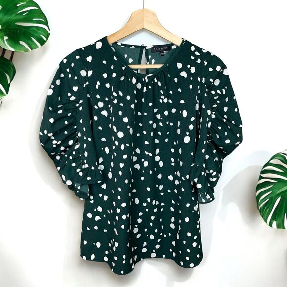 1.STATE Painted Dot Puff Sleeve Top in Forest Green - M | Medium - Picture 4 of 10